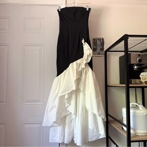 BABYBOO black white ruffle hi lo strapless maxi formal event gown dress